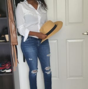 White Ruffle Top Button Blouse